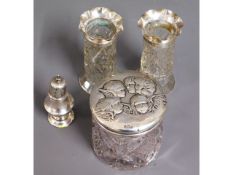 A pair of silver rimmed posy vases, a silver salt