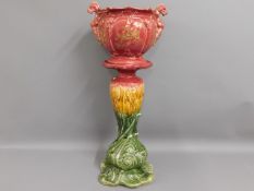 A majolica style jardiniere & stand, 34.25in tall