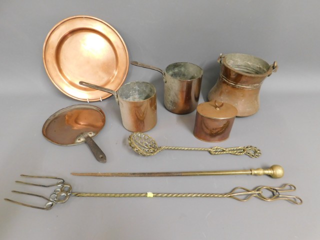A small quantity of copper wares & fireside tools