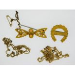 Two 9ct gold chains a/f, a 9ct gold bow brooch, to