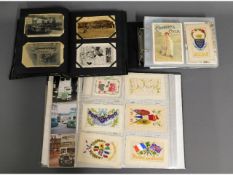 Three mixed albums of postcards, including some WW1 sweetheart cards including DCLI & a John Pearce