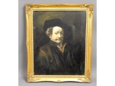 A gilt framed oil on canvas portrait of Rembrandt,