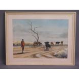 A large framed watercolour of African plain scene,