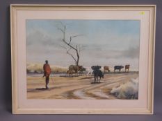 A large framed watercolour of African plain scene,