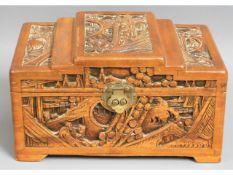 An art deco era, small carved Chinese camphor wood box, 12.75in wide x 6.5in high x 7.375in deep