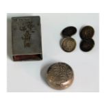 A "trench art" style crown pill box, a pair of sil