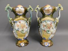 A pair of large early 20thC. majolica style vases,