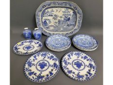 A blue & white transfer ware meat dish with draine