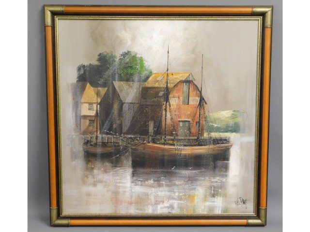 A large oil on canvas of boats near boathouse by K