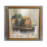 A large oil on canvas of boats near boathouse by K