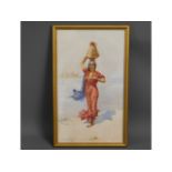 A framed middle eastern watercolour of woman carry