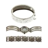 White metal panel bracelet of flowerhead design, silver snap bangle and lady's wristwatch (3)