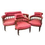 Late Victorian/Edwardian beech framed three piece suite, settee measuring 142cm wide Condition: Wood