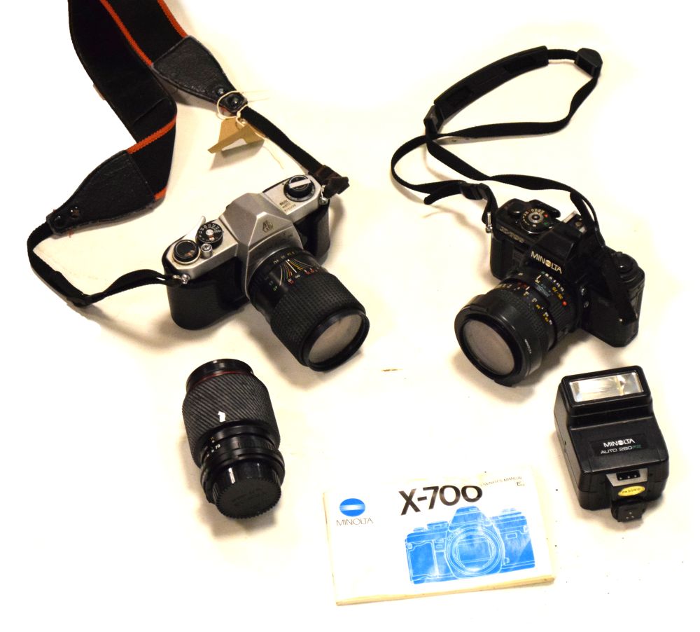 Minolta X-700 and Pentax Asahi SP1000 35mm cameras with a small quantity of accessories and case