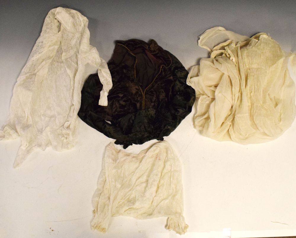 Clothing - Victorian or Edwardian cream silk petticoat, two lace blouses and brown and green