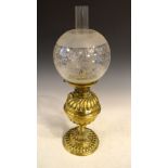 Late 19th/early 20th Century brass oil lamp with etched glass shade, 55cm high Condition: Central