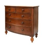 Victorian mahogany bow front chest of drawers, having two short over three long drawers sitting on