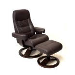 Hjellegjerde Stressless style brown leather chair and matching stool, 77cm x 102cm x 70cm approx