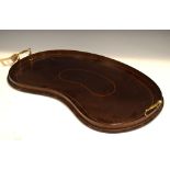 Edwardian mahogany and string inlaid kidney shaped tray fitted two brass carry handles, 63cm wide