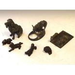 Spelter donkey salt, spelter seated dog, bronze ox team and four resin dogs Condition: All items