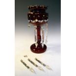 Lustre drop ruby glass vase, having painted floral decoration, 34cm high Condition: Some lustres