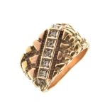 Yellow metal signet style ring with textured surface and inset five small diamonds, size L, 9.1g