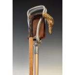 Greyhound-headed walking stick, having leather grip, 91cm long, together with a shooting stick, 84cm