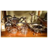 Quantity of silver-plated items to include four-piece tea set, epergne etc Condition: One cup holder