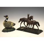 Modern bronze-effect sculpture of two horses, together with a doorstop in the form of a goose