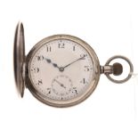 Gentleman's silver half hunter pocket watch, Arabic dial with subsidiary at 6, case stamped 925,