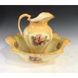 Crown Devon-style jug and basin, with floral and gilt decoration, 37cm high approx Condition: Wear