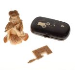Japanese ivory okimono figure, together with small decorative sewing box etc Condition: Cracks and