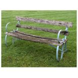Teak and wrought metal garden bench with scroll ends, 164cm wide Condition: The four planks making