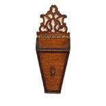 George III inlaid oak candle or salt box, with scroll-pierced cresting and studded hinge over