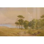 Thomas Pyne - Watercolour - Mother and Child walking along a coastal path, signed lower right,