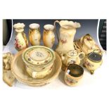 Quantity of Crown Devon ceramics to include biscuit barrel, tea pot, vases etc, height of largest