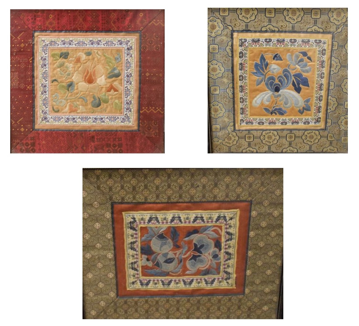 Three Chinese silk panels, largest 22.5cm x 21.5cm, framed and glazed Condition: Scratches present