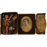 Horn oval snuff box, together with portrait photographic miniature, wooden figures etc Condition: