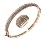 White metal ring and snap bangle, each set numerous white stones, stamped 925, in boxes of