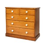 Victorian satin birch chest of drawers, having two short over three long drawers, each with