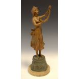 Painted spelter figure of a lyre playing female on socle marked 30 Agosto 1890-1915, on circular