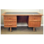 Modern Design - Late 20th Century teak twin pedestal desk with leatherette top, 78.5cm x 159cm x