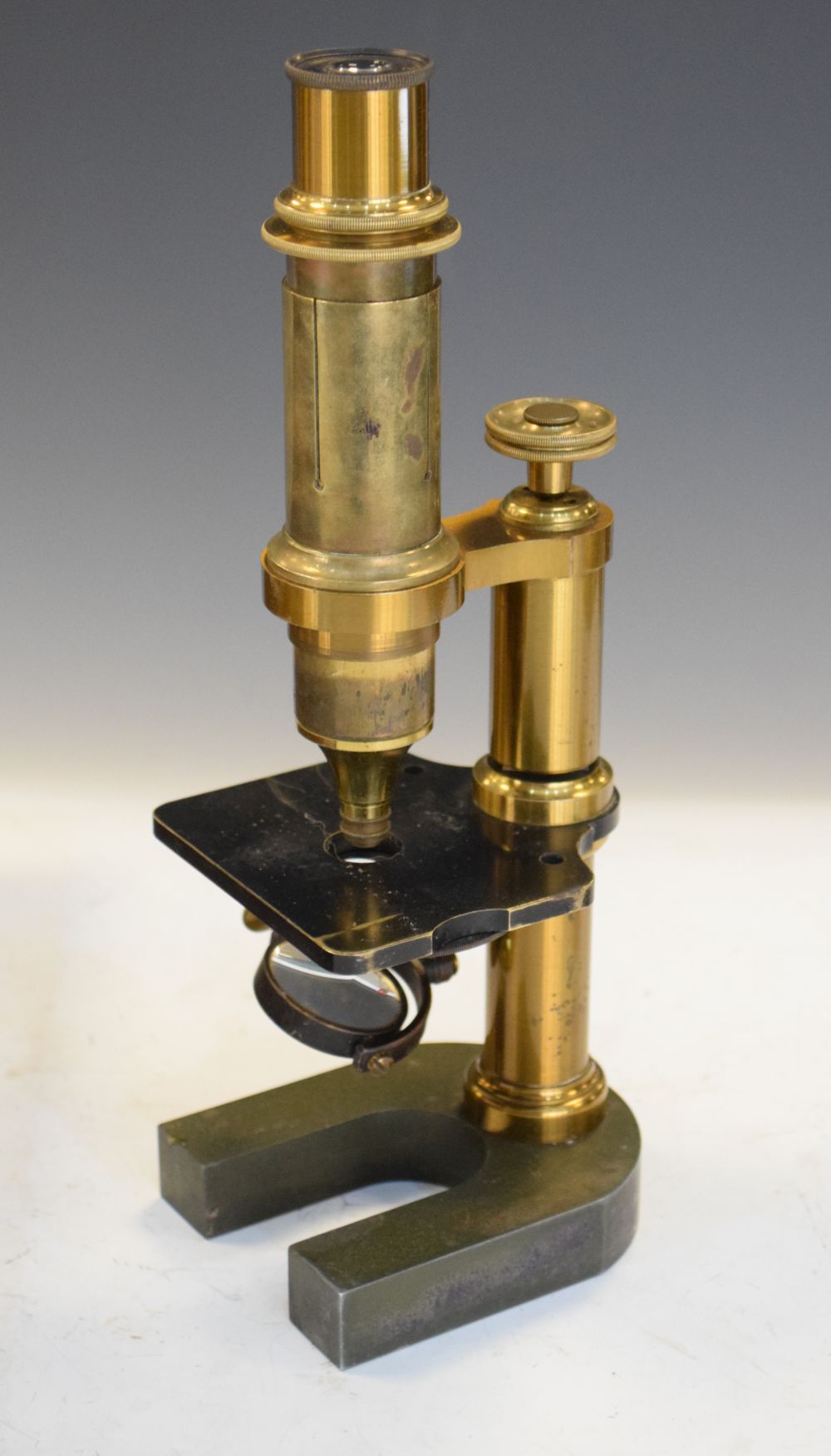 20th Century brass microscope, together with a selection of slides, within wooden case Condition: