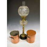Late 19th/early 20th Century oil lamp with glass reservoir and etched shade, 71cm high, together