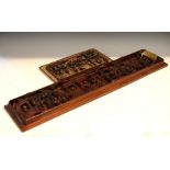 Two carved Oriental panels depicting figures in a temple, 18cm x 83.5cm and 19.5cm x 29cm Condition: