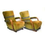 Pair of Art Deco beech framed rocking chairs, 68cm wide x 84cm high x 97cm deep Condition: Light