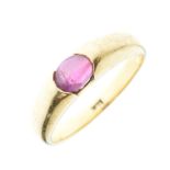 Yellow metal dress ring, the plain band set pink oval cabochon, shank stamped 18k, size Q½, 5.4g