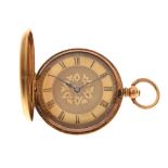 Lady's 18ct gold half hunter fob watch, Roman dial with central foliate decoration, foliate