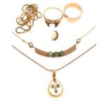 Assorted 9ct gold, yellow metal and unmarked jewellery to include; rings, pendant with fine chain,