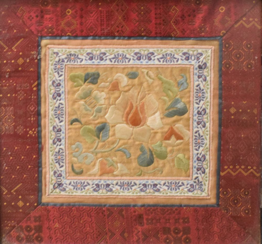 Three Chinese silk panels, largest 22.5cm x 21.5cm, framed and glazed Condition: Scratches present - Image 3 of 12